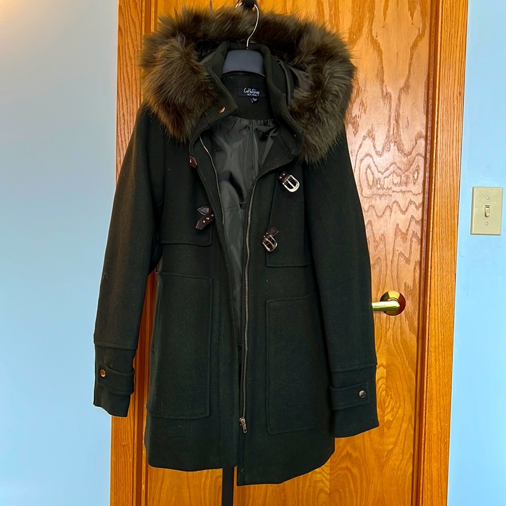 Dark hunter green women’s wool coat.